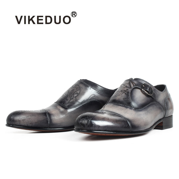 VIKEDUO 2019 Letter Laser Monk Strap Shoes Patina Genuine Leather Men's Shoes Wedding Office Bespoke Formal Dress Zapatos Hombre